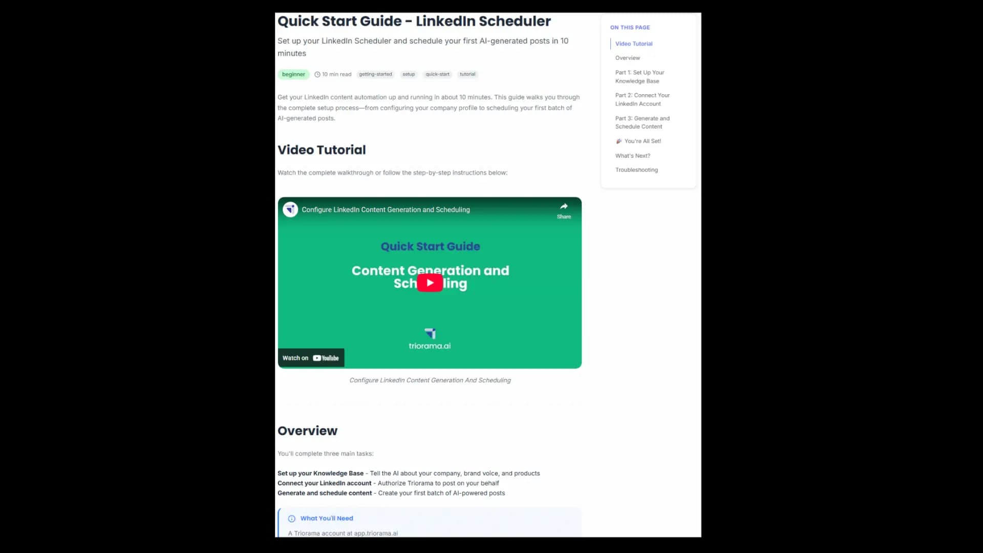 Quick Start guide with step-by-step screenshots and video tutorial