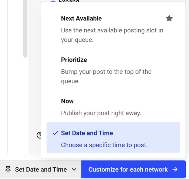 Buffer's scheduling options showing queue system, share next, and share now buttons