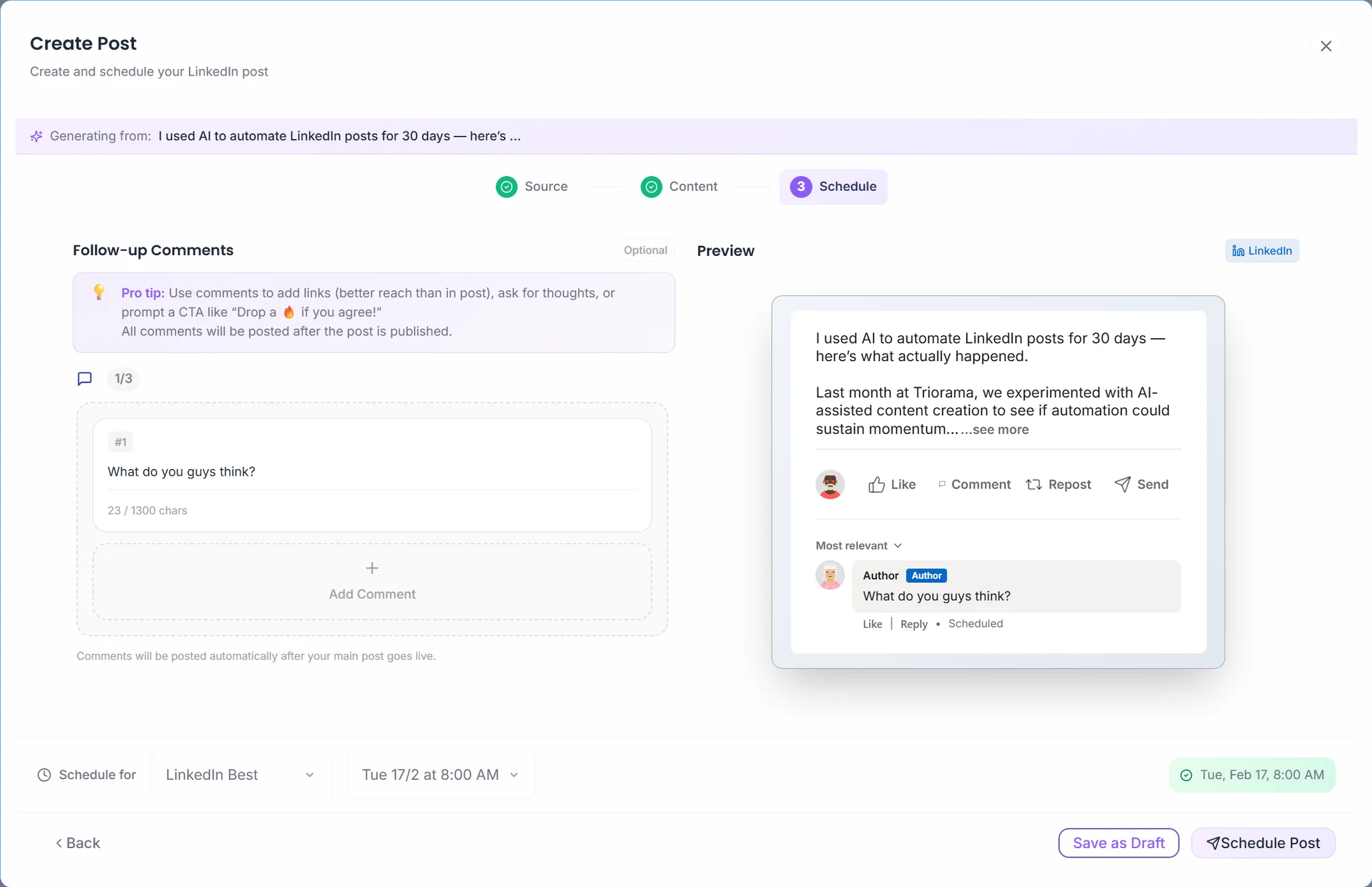 Follow-up comment added to a scheduled LinkedIn post