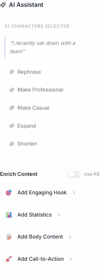 Post Editor Step 2 with AI context menu and enrichment options