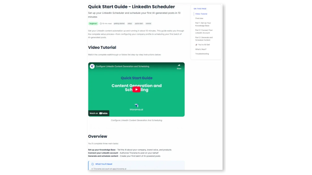 Quick Start guide with step-by-step screenshots and video tutorial