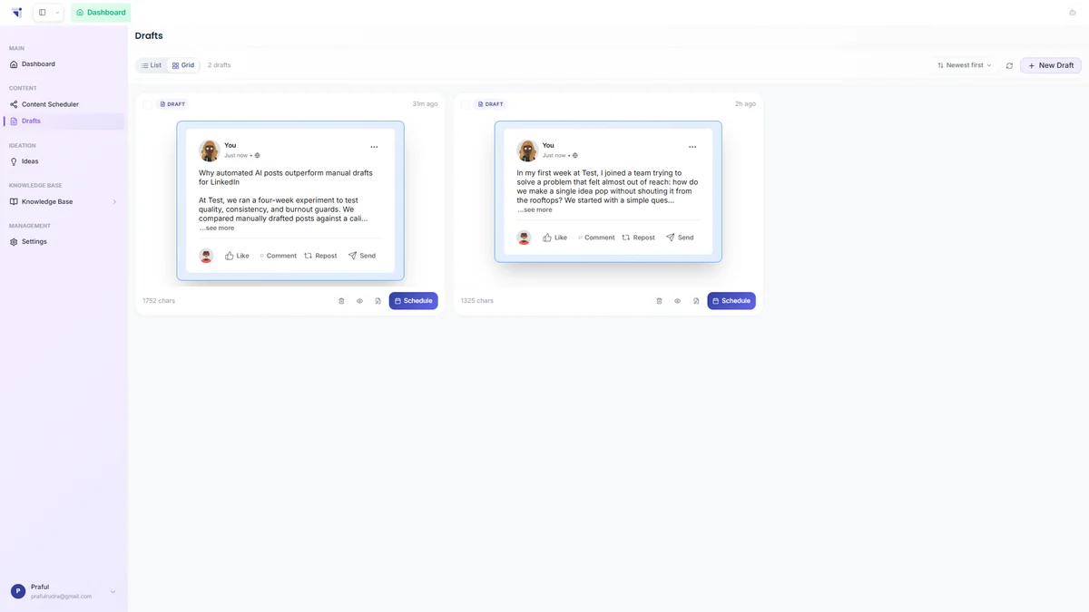 Drafts tab showing list view with multi-select and sorting options