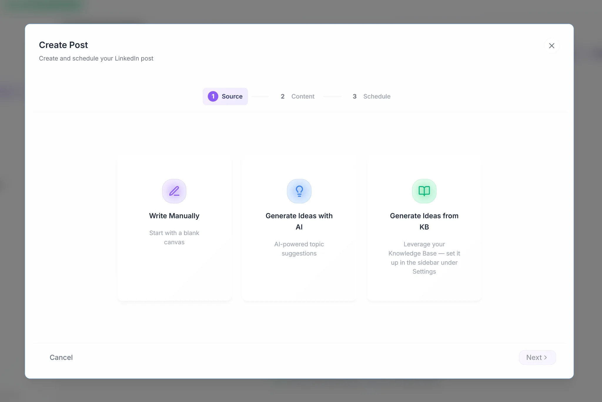 Post Editor Step 1 showing three source options