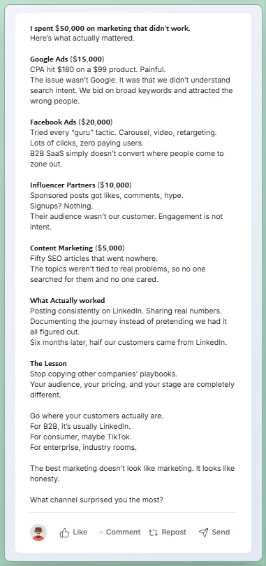 LinkedIn post with bold headers breaking content into scannable sections