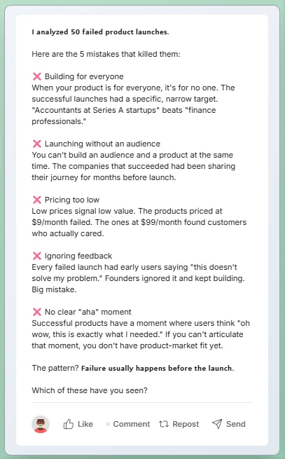 LinkedIn bullet list formatting example showing structured scannable content