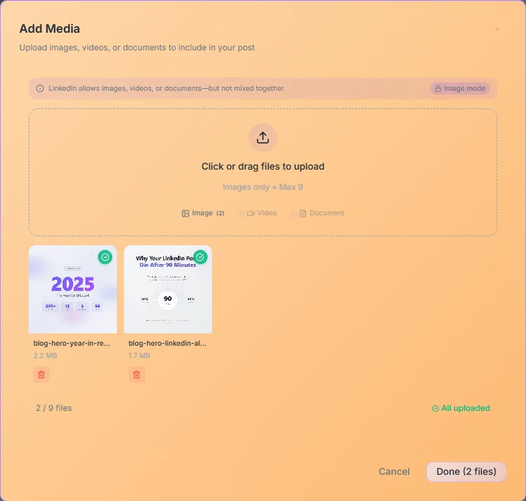 Media upload modal with drag-and-drop support and LinkedIn constraint validation