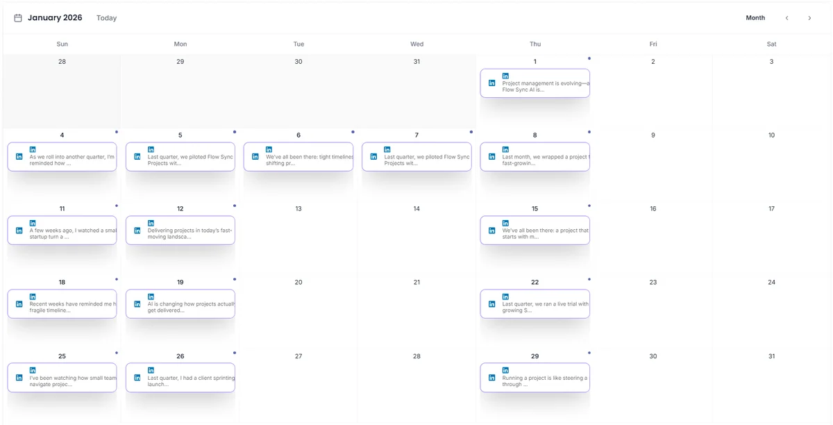 Triorama content calendar showing batch scheduled LinkedIn posts