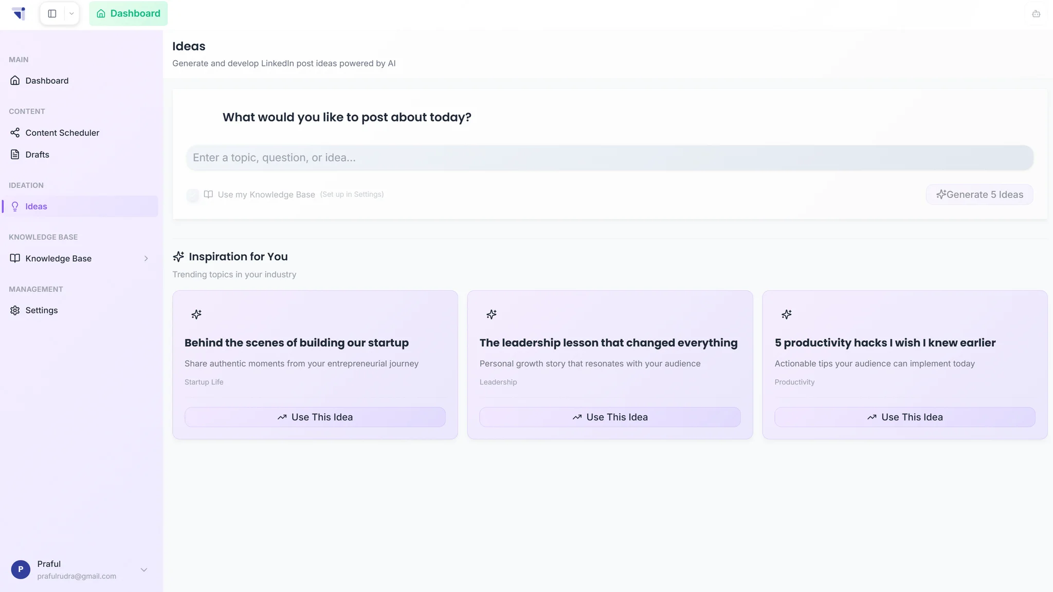 Triorama's Ideas tab showing generated LinkedIn post ideas based on Knowledge Base products